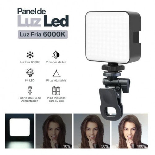 Panel de Luz LED - especificaciones: 64 LED, 2 modos, USB-C, pilas incluidas